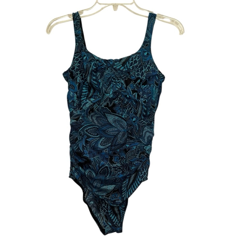 Lands End blue green paisley one piece swimsuit ruching cross cross back size 10